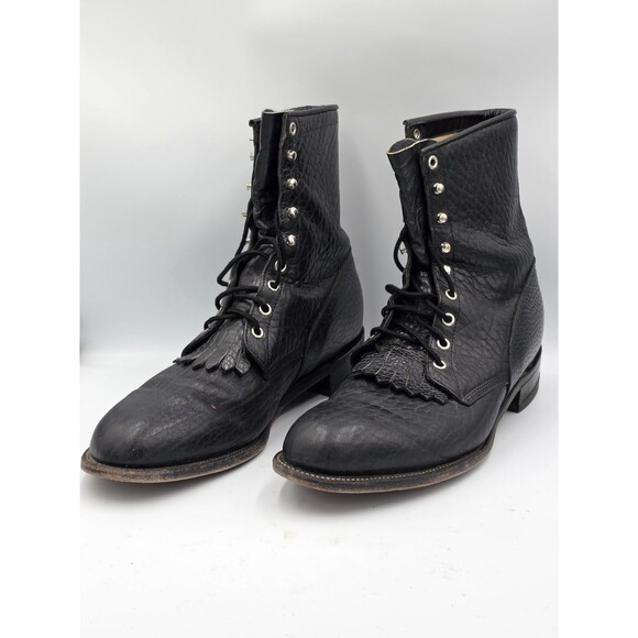 JUSTIN 522 Bullhide Black Pebbled Leather Western L Boots USA 13 D Kiltie main image 6